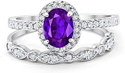 Blue Apple Co. Halo 2-Piece Art Deco Wedding Engagement Bridal Set Ring Band Oval Round Simulated Cubic Zirconia 925 Sterling Silver Choose Color in Saudi Arabia