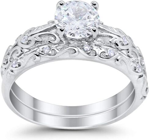 Blue Apple Co. Art Deco من قطعتين مشاركة الزفاف مجموعة الزفاف جولة Zirconia Cubic 925 Sterling Silver اختر اللون in Kuwait