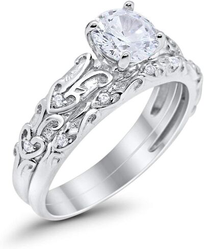 Blue Apple Co. Art Deco من قطعتين مشاركة الزفاف مجموعة الزفاف جولة Zirconia Cubic 925 Sterling Silver اختر اللون in Kuwait