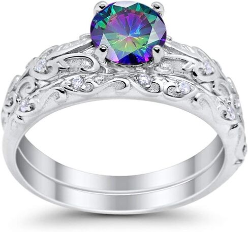 Blue Apple Co. Art Deco Two Piece Wedding Engagement Bridal Set Round Cubic Zirconia 925 Sterling Silver Choose Color in Saudi Arabia