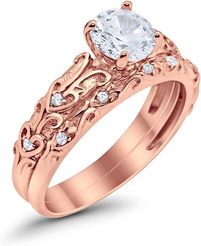 Blue Apple Co. Art Deco من قطعتين مشاركة الزفاف مجموعة الزفاف جولة Zirconia Cubic 925 Sterling Silver اختر اللون in Kuwait