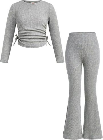 Yesfashion Girls' Clothing Sets Casual Crew Neck Long Sleeve Fitted Ruched Top and Flared Leggings Pants Set in Saudi Arabia