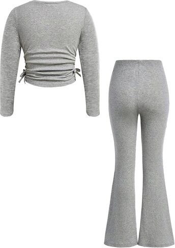Yesfashion Girls' Clothing Sets Casual Crew Neck Long Sleeve Fitted Ruched Top and Flared Leggings Pants Set in Saudi Arabia
