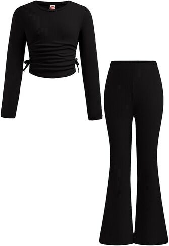 Yesfashion Girls' Clothing Sets Casual Crew Neck Long Sleeve Fitted Ruched Top and Flared Leggings Pants Set in Saudi Arabia