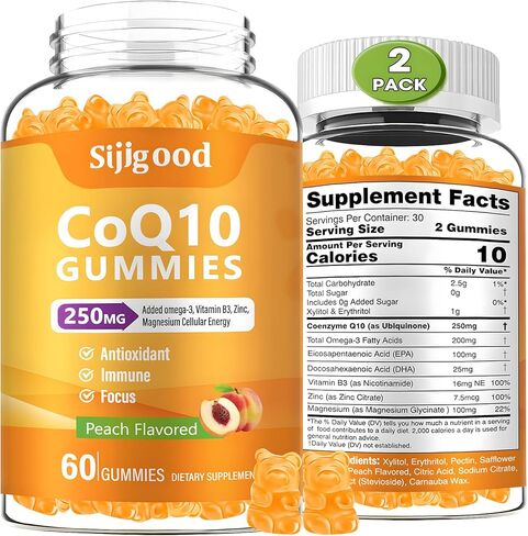2 Pack CoQ10 Gummies, Plus Omega-3, Vitamin B3 and Zinc, Magnesium, 5X High Absorption Coenzyme Q10 Supplements, q10 for Boost Cellular Energy, Potent Antioxidant & Brain, Peach Flavor, 120 Cts in Kuwait