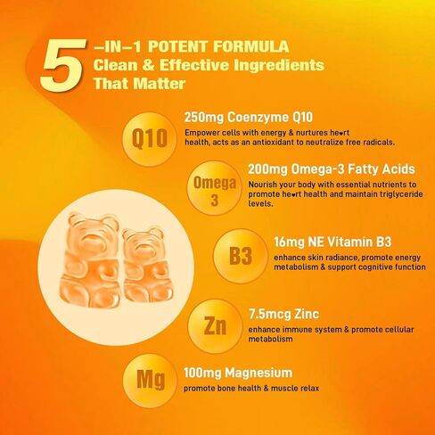 2 Pack CoQ10 Gummies, Plus Omega-3, Vitamin B3 and Zinc, Magnesium, 5X High Absorption Coenzyme Q10 Supplements, q10 for Boost Cellular Energy, Potent Antioxidant & Brain, Peach Flavor, 120 Cts in Kuwait