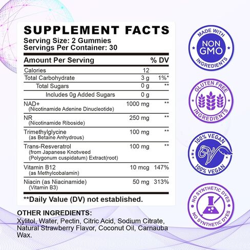 NAD+ Supplement Gummies, NAD Resveratrol Supplement for Men and Women 1000MG, with Resveratrol, NR, Trimethylglycine, Niacin, NAD Plus - Anti-Aging, Cellular Wellness, Energy, Focus, 60 Gummies in Saudi Arabia