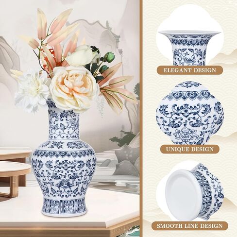 Maxcheck 9 بوصة زرقاء وبيضاء المزهرية Chinoiserie الخزف الخزف الصيني المصنوع يدويًا لديكور طاولة المكتب المنزلي (الأزرق ب) in Kuwait