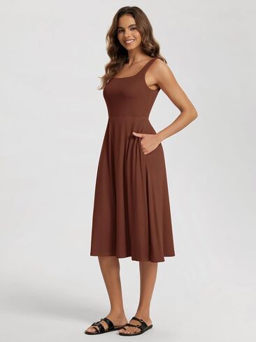 ODODOS Square Neck Midi Dress with Pockets for Women Summer Casual Sleeveless Sundress Flare Tank Dress in Kuwait