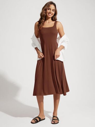 ODODOS Square Neck Midi Dress with Pockets for Women Summer Casual Sleeveless Sundress Flare Tank Dress in Kuwait