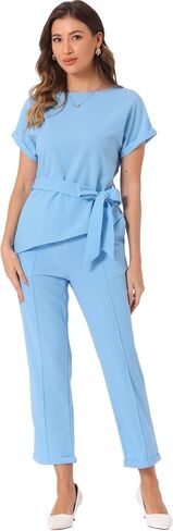 Allegra K Women's 2 Piece Sets Round Neck Short Sleeve Belted Asymmetry Tops Elastic Waist Trousers Set in Saudi Arabia