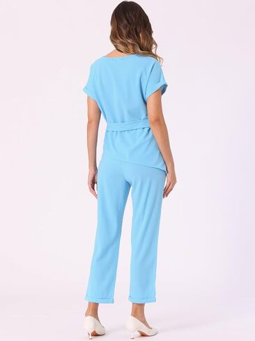 Allegra K Women's 2 Piece Sets Round Neck Short Sleeve Belted Asymmetry Tops Elastic Waist Trousers Set in Saudi Arabia
