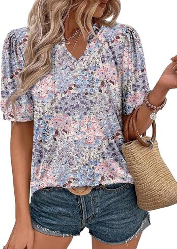 KISSMODA Women's Tunic Tops Casual V Neck Short Sleeve T Shirts Summer Puff Sleeve Ruffle Blouses in Kuwait