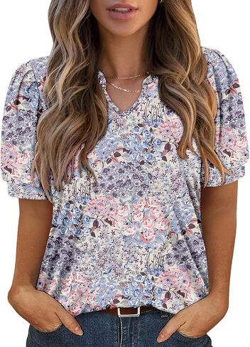 KISSMODA Women's Tunic Tops Casual V Neck Short Sleeve T Shirts Summer Puff Sleeve Ruffle Blouses in Kuwait