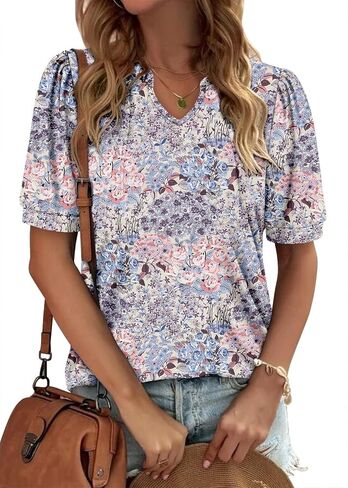 KISSMODA Women's Tunic Tops Casual V Neck Short Sleeve T Shirts Summer Puff Sleeve Ruffle Blouses in Kuwait
