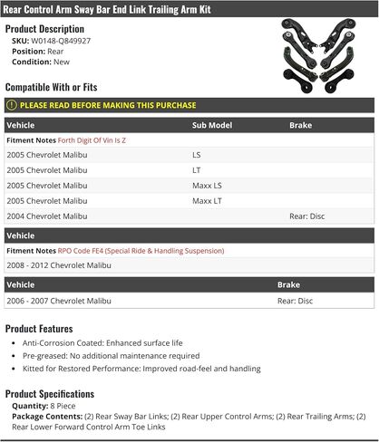 رابط ذراع الذراع الذراع الخلفي رابط الأذرع - 8 قطعة - متوافقة مع 2004-2012 Chevy Malibu in Saudi Arabia