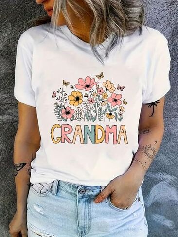 Grandma Shirt for Women Cool Grandma Club T-Shirt Funny Floral Graphic Tee Letter Print Casual Short Sleeve Tops in Saudi Arabia