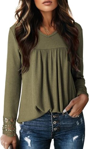 Dokotoo Women's Tops Casual V Neck Long Sleeve Waffle Knit Textured Lace Hollow Out Shirts Loose Tunic Tops Blouses in Saudi Arabia