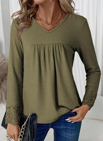 Dokotoo Women's Tops Casual V Neck Long Sleeve Waffle Knit Textured Lace Hollow Out Shirts Loose Tunic Tops Blouses in Saudi Arabia