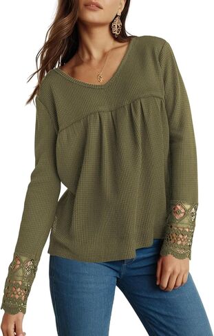 Dokotoo Women's Tops Casual V Neck Long Sleeve Waffle Knit Textured Lace Hollow Out Shirts Loose Tunic Tops Blouses in Saudi Arabia