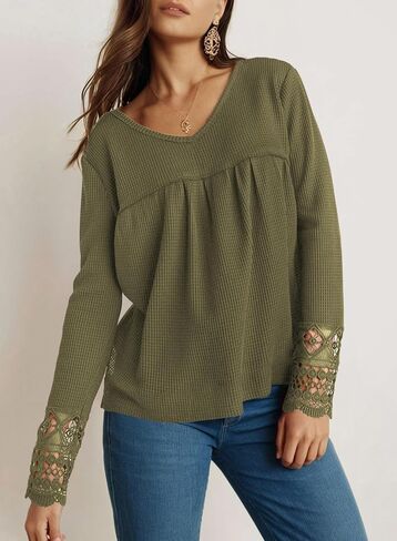Dokotoo Women's Tops Casual V Neck Long Sleeve Waffle Knit Textured Lace Hollow Out Shirts Loose Tunic Tops Blouses in Saudi Arabia