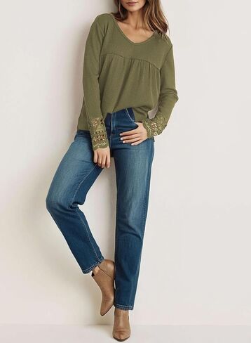 Dokotoo Women's Tops Casual V Neck Long Sleeve Waffle Knit Textured Lace Hollow Out Shirts Loose Tunic Tops Blouses in Saudi Arabia