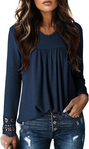 Dokotoo Women's Tops Casual V Neck Long Sleeve Waffle Knit Textured Lace Hollow Out Shirts Loose Tunic Tops Blouses in Saudi Arabia