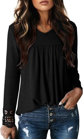 Dokotoo Women's Tops Casual V Neck Long Sleeve Waffle Knit Textured Lace Hollow Out Shirts Loose Tunic Tops Blouses in Saudi Arabia