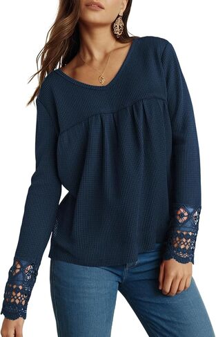 Dokotoo Women's Tops Casual V Neck Long Sleeve Waffle Knit Textured Lace Hollow Out Shirts Loose Tunic Tops Blouses in Saudi Arabia