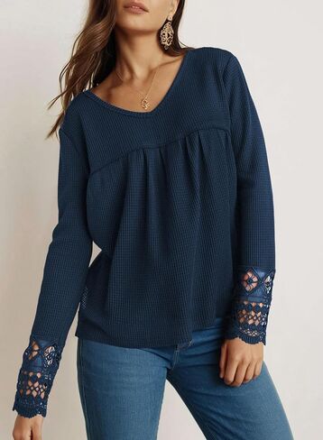Dokotoo Women's Tops Casual V Neck Long Sleeve Waffle Knit Textured Lace Hollow Out Shirts Loose Tunic Tops Blouses in Saudi Arabia