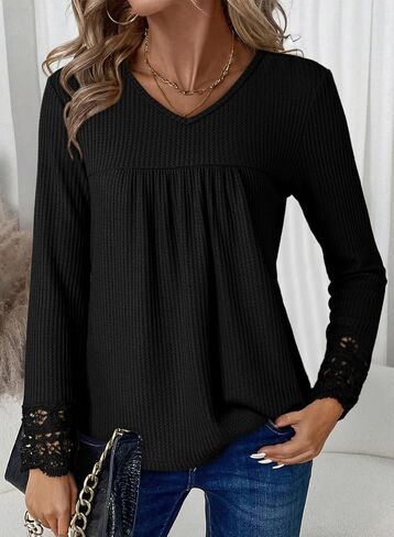Dokotoo Women's Tops Casual V Neck Long Sleeve Waffle Knit Textured Lace Hollow Out Shirts Loose Tunic Tops Blouses in Saudi Arabia