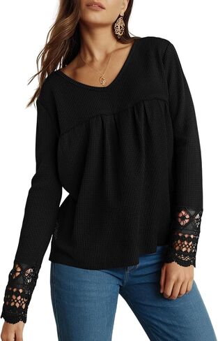Dokotoo Women's Tops Casual V Neck Long Sleeve Waffle Knit Textured Lace Hollow Out Shirts Loose Tunic Tops Blouses in Saudi Arabia