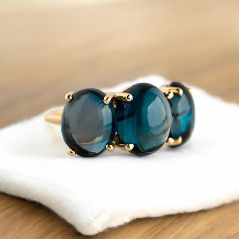 حلقة Topaz Blue Blue - 14K الذهب الأصفر الذهب المجوهرات الولادة ، وعربة كابوشون أو وعد بوعد للنساء ، عيد الحب ، فكرة هدية عيد الأم in Saudi Arabia