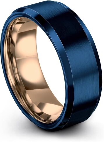 Tungsten Carbide Wedding Band Ring 8mm for Men Women 18K Rose Gold Blue Grey Exterior Bevel Edge Brushed Polished Personalized Custom Engraving Anniversary Engagement in Saudi Arabia