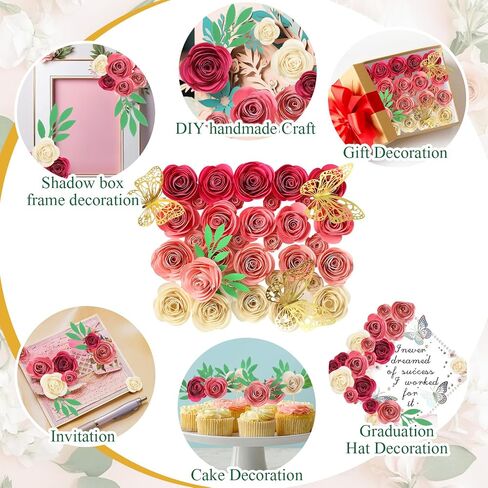 36 Pcs 3D Rolled Artificial Roses Paper Flowers for Crafts Graduation Cap Decoration Wall Decor Mini Crafts DIY Gift for Graduation Wedding Shadow Box Frame Cake Topper(Dark Pink) in Saudi Arabia