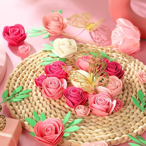 36 Pcs 3D Rolled Artificial Roses Paper Flowers for Crafts Graduation Cap Decoration Wall Decor Mini Crafts DIY Gift for Graduation Wedding Shadow Box Frame Cake Topper(Dark Pink) in Saudi Arabia
