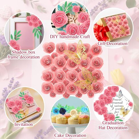 36 PCS 3D مدفوقة الورود الاصطناعية الورق الزهور للحرف اليدوية تخرج Cap Decory Decor Mini Crafts DIY هدية للتخرج زفاف الظل مربع الإطار الكعكة (الوردي الداكن) in Saudi Arabia
