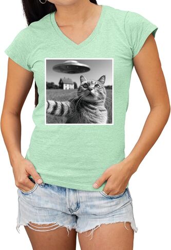 Go All Out Cat Discovering UFO During Selfie Funny Women V Neck T-Shirt in Saudi Arabia