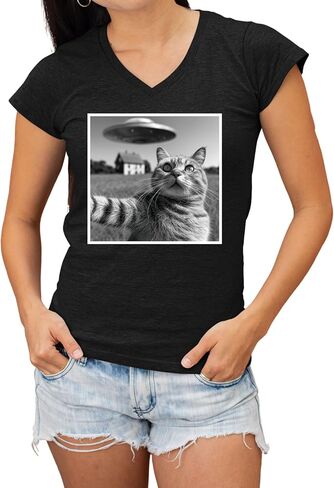Go All Out Cat Discovering UFO During Selfie Funny Women V Neck T-Shirt in Saudi Arabia