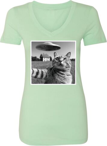 Go All Out Cat Discovering UFO During Selfie Funny Women V Neck T-Shirt in Saudi Arabia