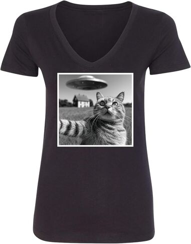 Go All Out Cat Discovering UFO During Selfie Funny Women V Neck T-Shirt in Saudi Arabia