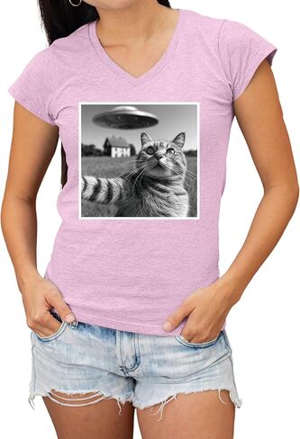 Go All Out Cat Discovering UFO During Selfie Funny Women V Neck T-Shirt in Saudi Arabia