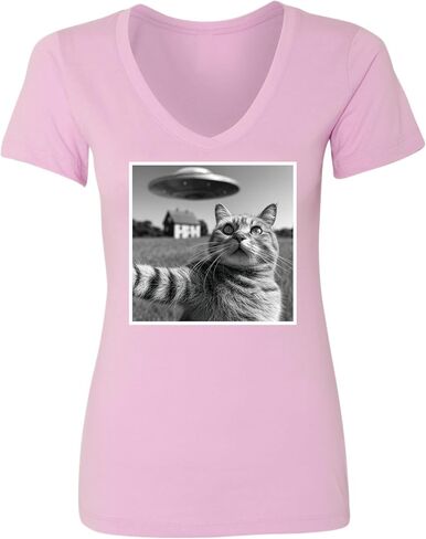 Go All Out Cat Discovering UFO During Selfie Funny Women V Neck T-Shirt in Saudi Arabia