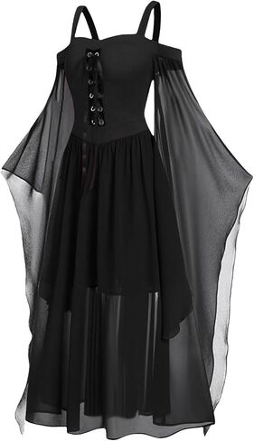 Women Witch Dress Plus Size Vampire Costume Halloween Cosplay Bat Sleeve Mesh Renaissance Medieval Gothic Dress in Saudi Arabia