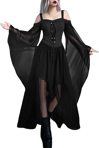 Women Witch Dress Plus Size Vampire Costume Halloween Cosplay Bat Sleeve Mesh Renaissance Medieval Gothic Dress in Saudi Arabia