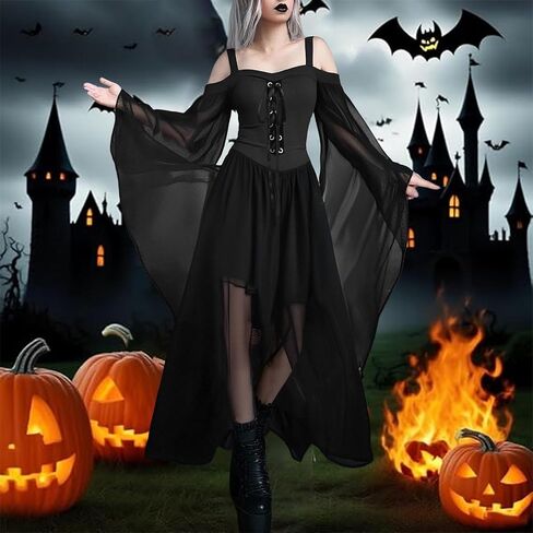 Women Witch Dress Plus Size Vampire Costume Halloween Cosplay Bat Sleeve Mesh Renaissance Medieval Gothic Dress in Saudi Arabia