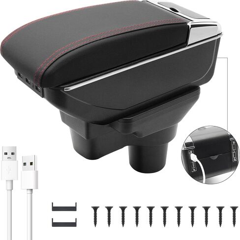 YJYWZH Car Armrest Box for Hyundai Accent Verna Solaris 2017-2020 Center Storage Box 7 USB Ports Double-Layer Leather Center Console with Cup Holder (7 USB Ports, Black Thread) in Saudi Arabia