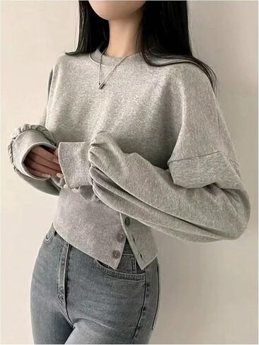 Wdirara Women's Long Sleve Cropshirt Buttshir Button Side Crewneck Tops Dulver Dops in Saudi Arabia
