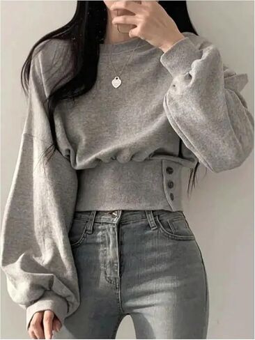 Wdirara Women's Long Sleve Cropshirt Buttshir Button Side Crewneck Tops Dulver Dops in Saudi Arabia