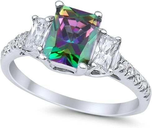 Blue Apple Co. Emerald قطع ثلاثة خاتم خطوبة الزفاف جولة Zirconia Cubic 925 Sterling Silver in Kuwait